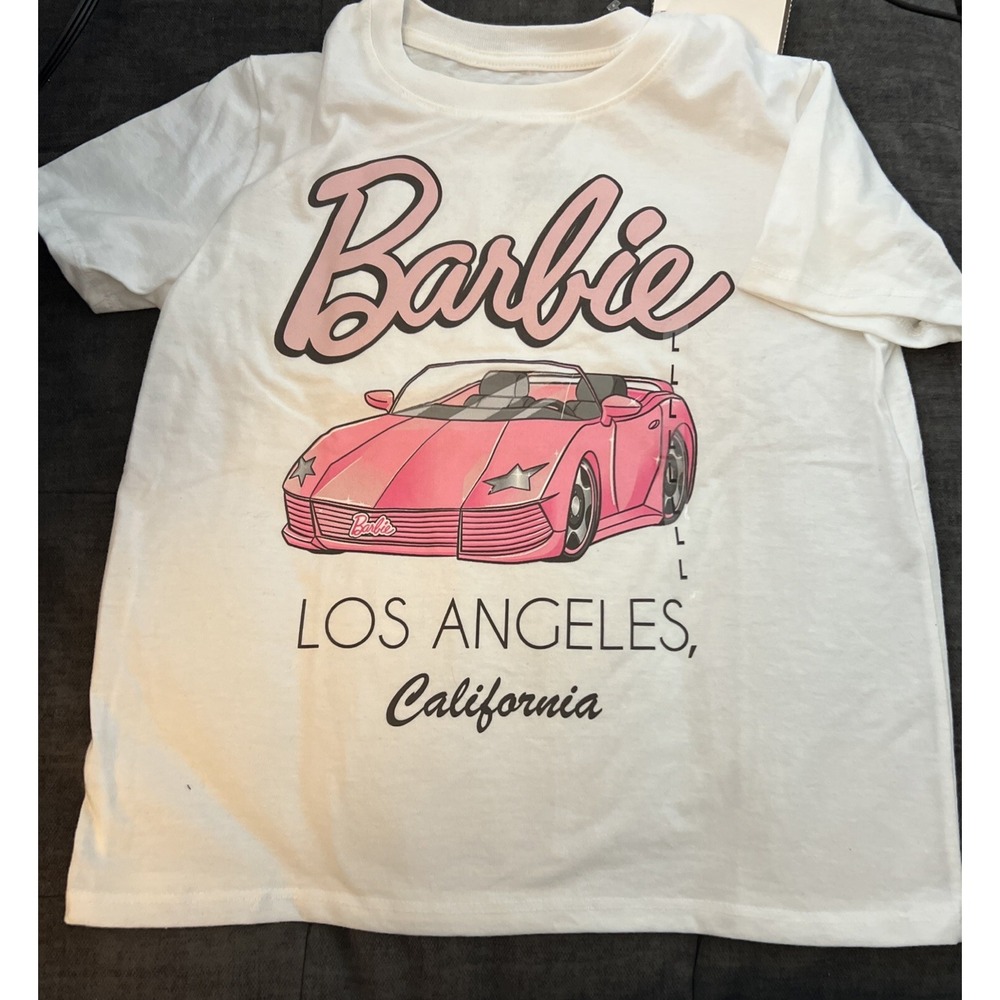 Barbie Short Sleeve T-Shirt Girls Large 10/12 Women XS Pink Spellout Logo NWT
